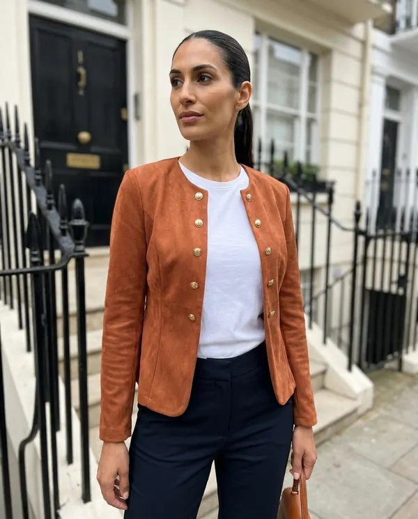 Satin Eve styling: Round-Neck Double-Breasted Jacket