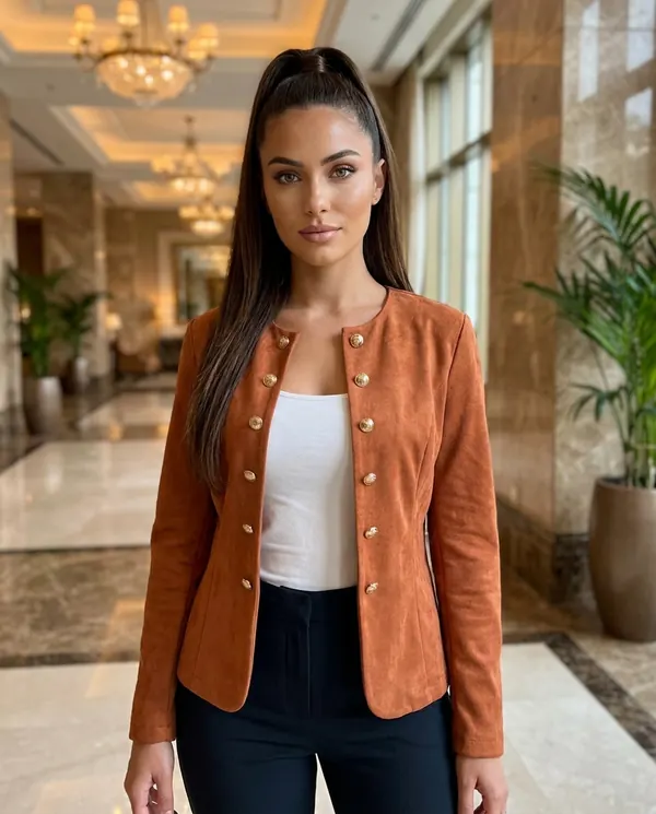 Satin Eve styling: Round-Neck Double-Breasted Jacket