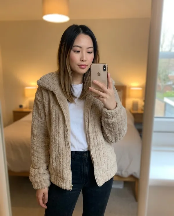 Satin Eve styling: Ribbed Faux Fur Fleece Jacket