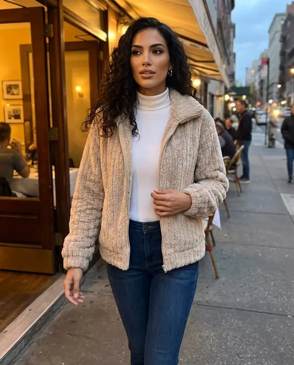 Satin Eve styling: Ribbed Faux Fur Fleece Jacket
