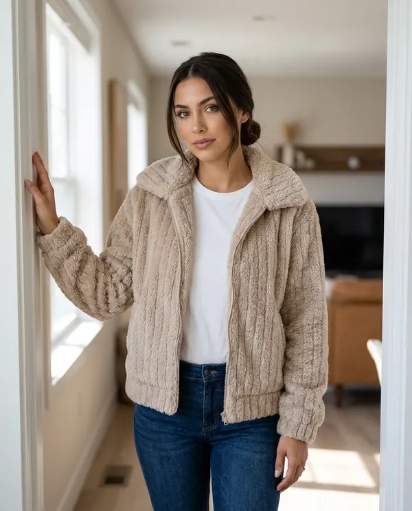 Satin Eve styling: Ribbed Faux Fur Fleece Jacket