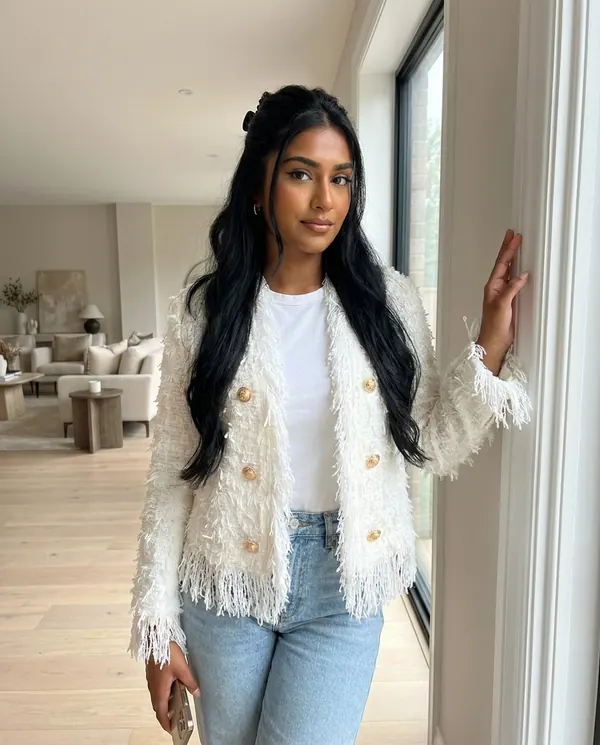 Satin Eve styling: Fringe Tweed Jacket