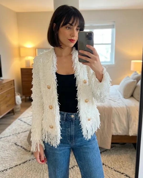 Satin Eve styling: Fringe Tweed Jacket
