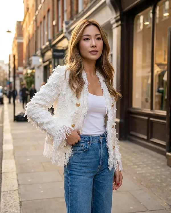 Satin Eve styling: Fringe Tweed Jacket