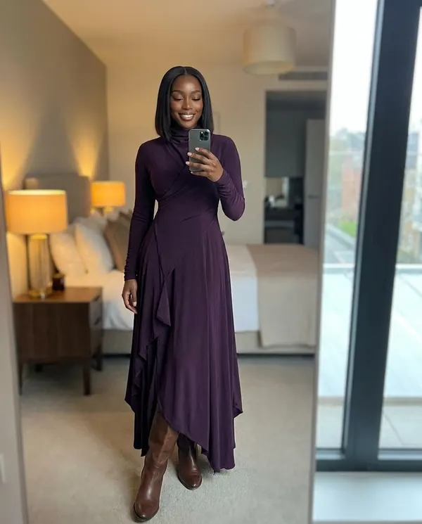 Satin Eve styling: High-Neck Long-Sleeve Draped Maxi Dress