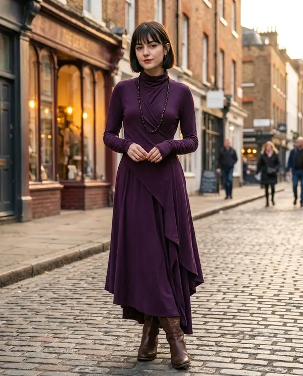 Satin Eve styling: High-Neck Long-Sleeve Draped Maxi Dress
