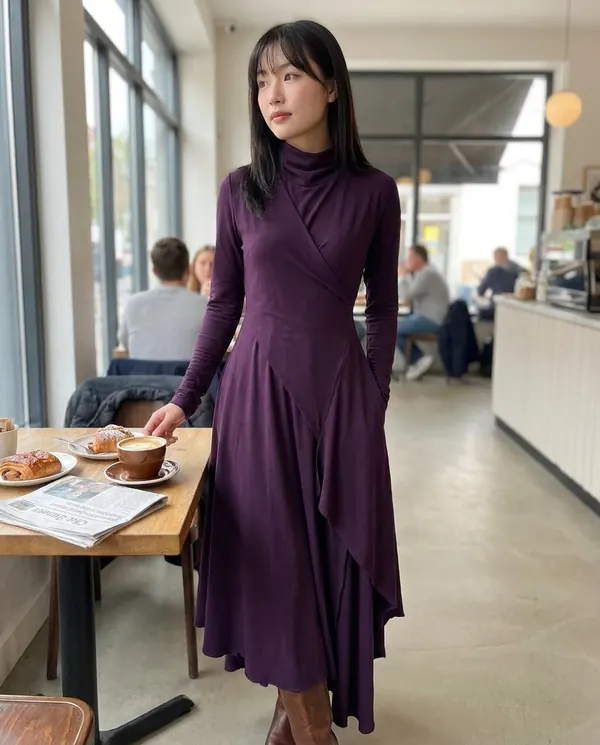 Satin Eve styling: High-Neck Long-Sleeve Draped Maxi Dress