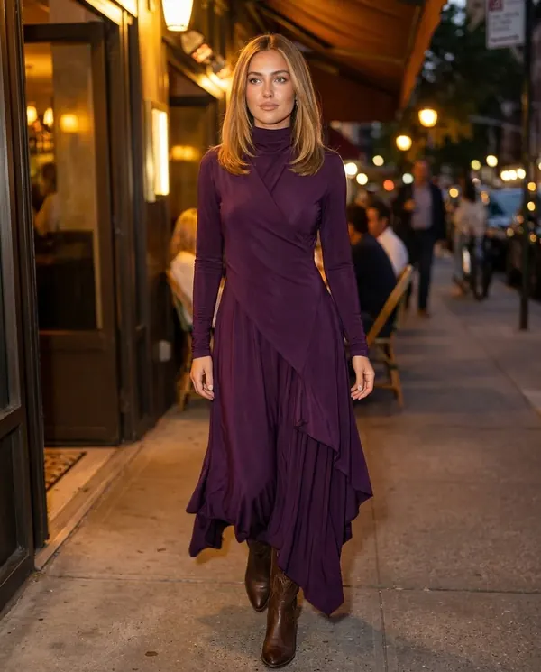 Satin Eve styling: High-Neck Long-Sleeve Draped Maxi Dress