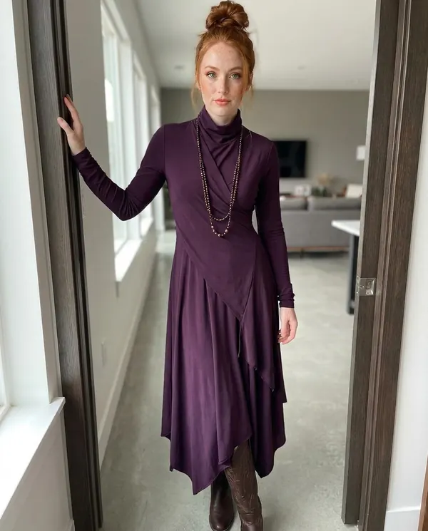 Satin Eve styling: High-Neck Long-Sleeve Draped Maxi Dress