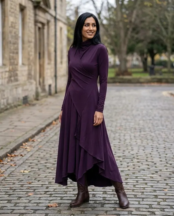 Satin Eve styling: High-Neck Long-Sleeve Draped Maxi Dress
