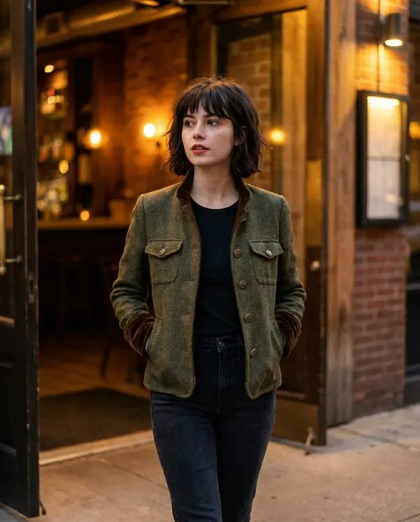 Satin Eve styling: Herringbone Jacket with Velvet Trim