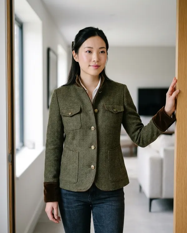 Satin Eve styling: Herringbone Jacket with Velvet Trim