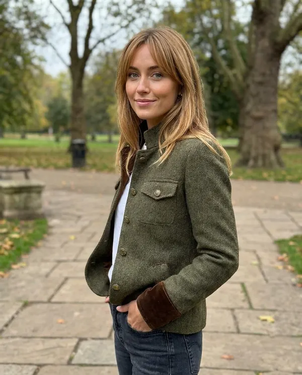 Satin Eve styling: Herringbone Jacket with Velvet Trim