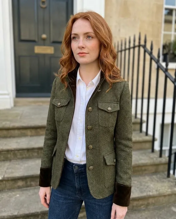 Satin Eve styling: Herringbone Jacket with Velvet Trim