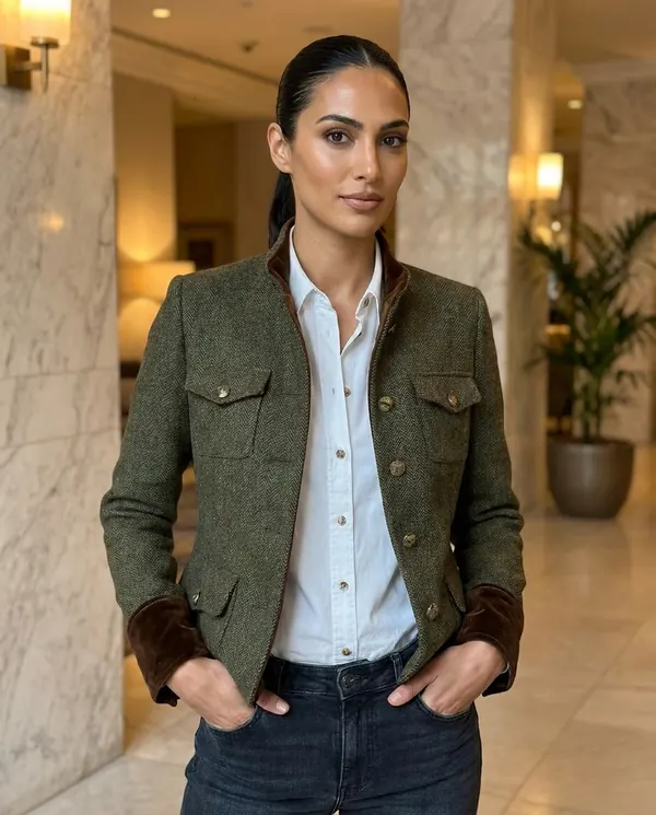 Satin Eve styling: Herringbone Jacket with Velvet Trim