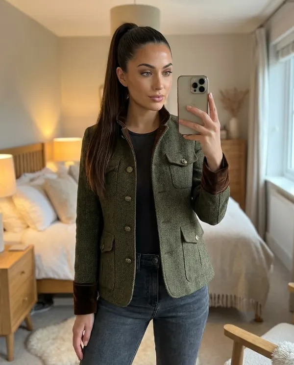 Satin Eve styling: Herringbone Jacket with Velvet Trim