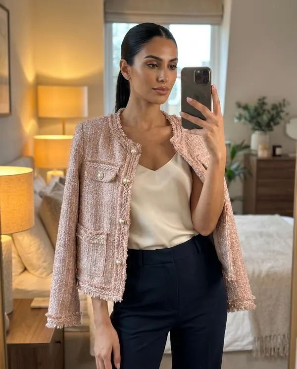 Satin Eve styling: Braid-Trim Tweed Jacket