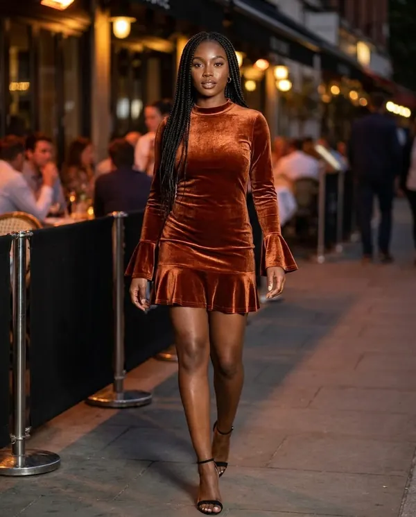 Satin Eve styling: Velvet Ruffle-Hem Long-Sleeve Mini Dress