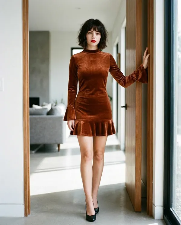 Satin Eve styling: Velvet Ruffle-Hem Long-Sleeve Mini Dress