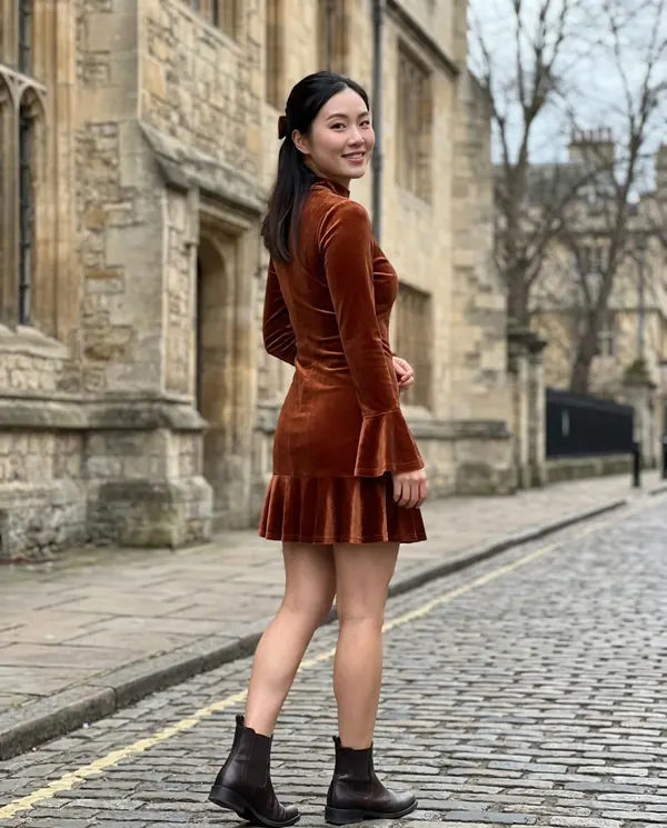 Satin Eve styling: Velvet Ruffle-Hem Long-Sleeve Mini Dress