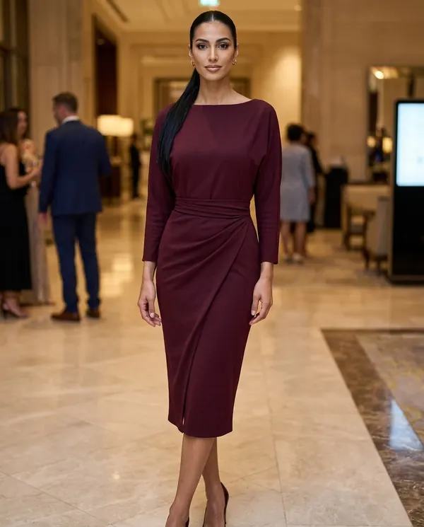 Satin Eve styling: Boat-Neck Wrap-Skirt Sheath Midi Dress