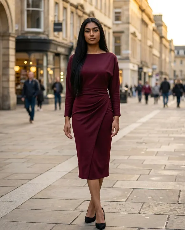 Satin Eve styling: Boat-Neck Wrap-Skirt Sheath Midi Dress