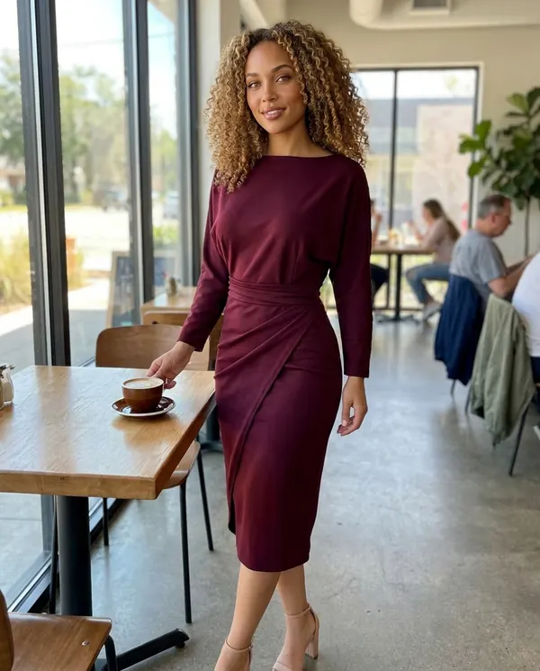 Satin Eve styling: Boat-Neck Wrap-Skirt Sheath Midi Dress