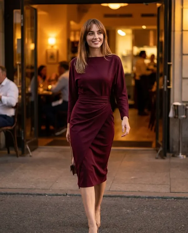 Satin Eve styling: Boat-Neck Wrap-Skirt Sheath Midi Dress