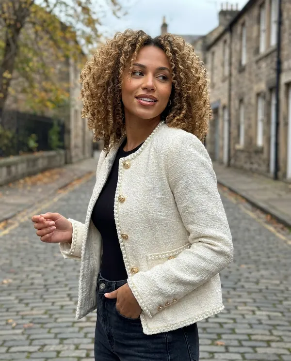 Satin Eve styling: Pearl-Trim Tweed Jacket