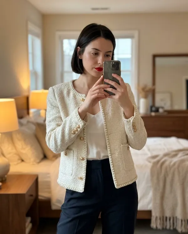 Satin Eve styling: Pearl-Trim Tweed Jacket