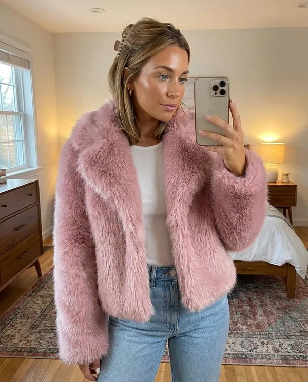 Satin Eve styling: Faux Fur Cropped Jacket