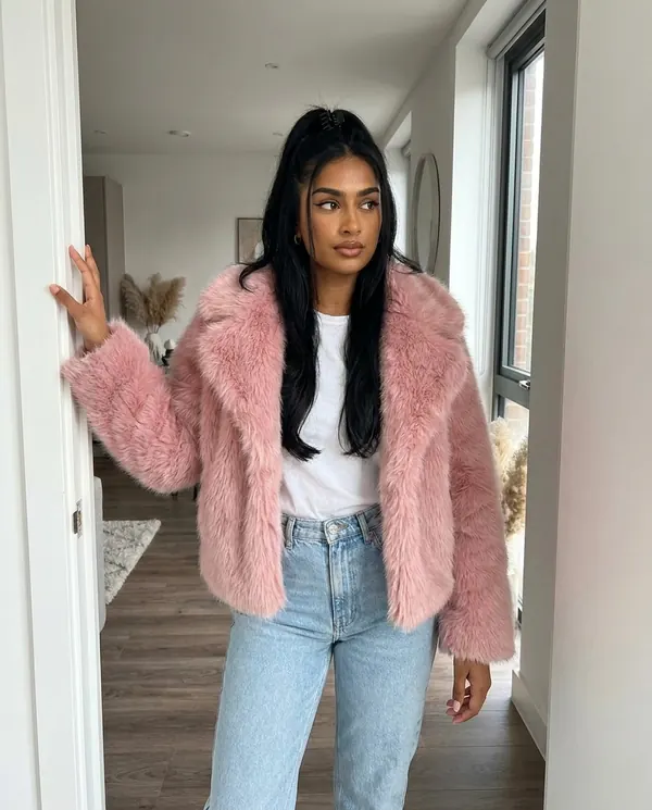 Satin Eve styling: Faux Fur Cropped Jacket