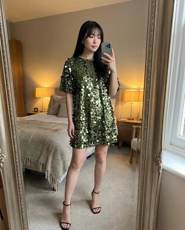 Satin Eve styling: Oversized Sequin Mini Tee Dress