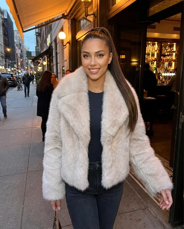 Satin Eve styling: Ivory Faux Fur Short Jacket