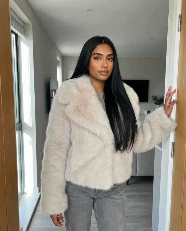 Satin Eve styling: Ivory Faux Fur Short Jacket