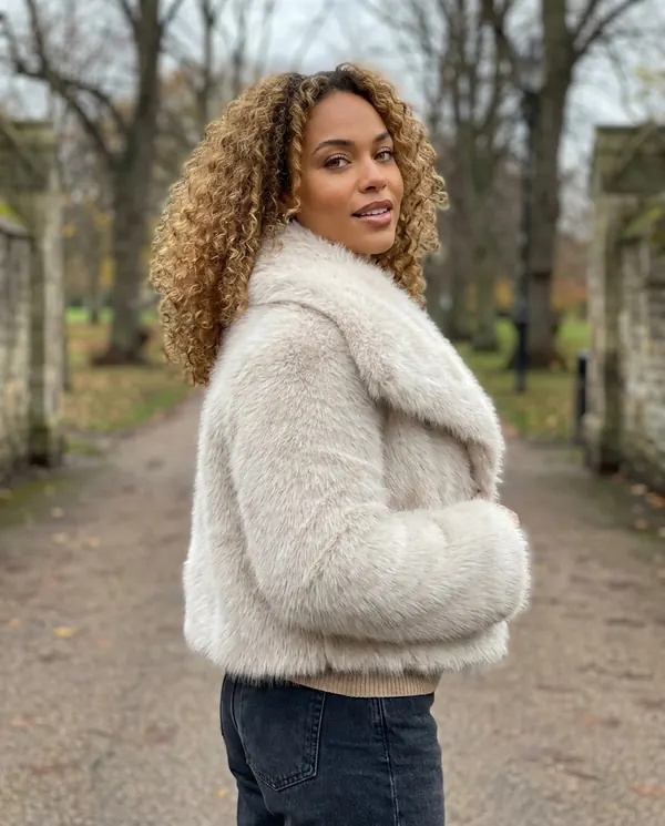 Satin Eve styling: Ivory Faux Fur Short Jacket