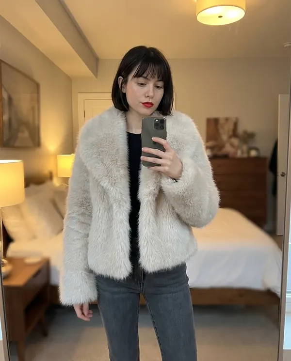 Satin Eve styling: Ivory Faux Fur Short Jacket