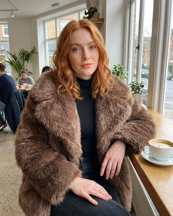Satin Eve styling: Big-Lapel Faux Fur Jacket