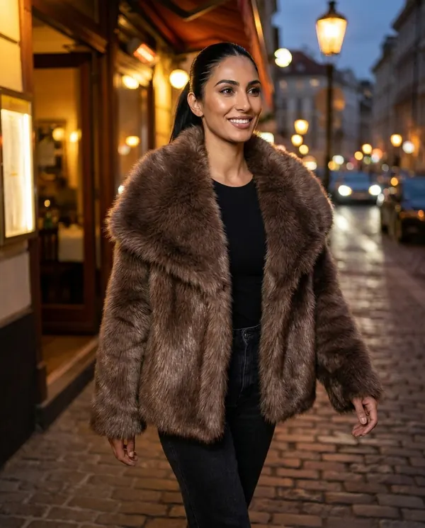 Satin Eve styling: Big-Lapel Faux Fur Jacket