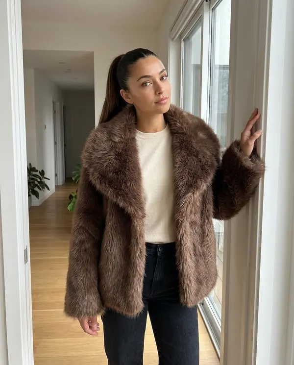 Satin Eve styling: Big-Lapel Faux Fur Jacket