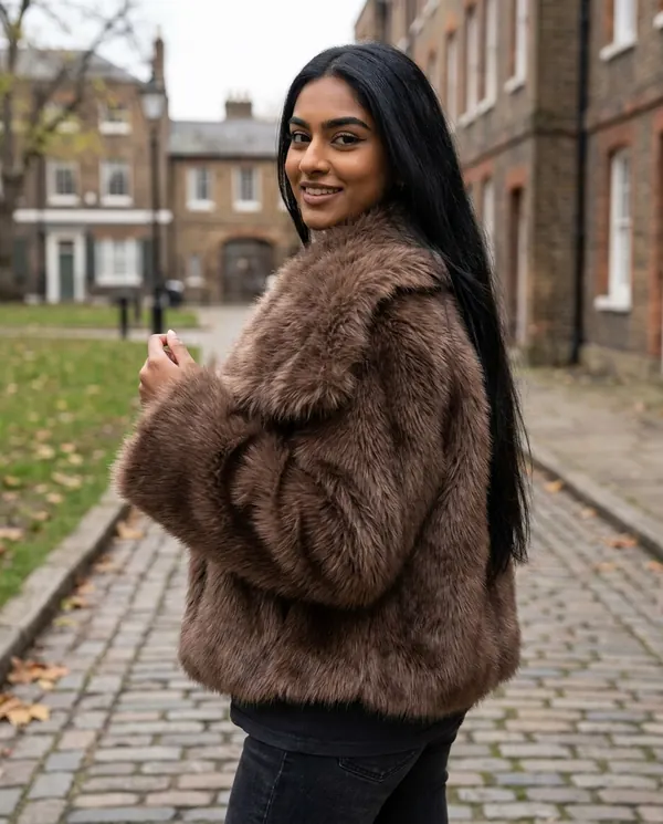 Satin Eve styling: Big-Lapel Faux Fur Jacket