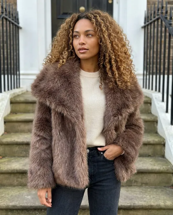 Satin Eve styling: Big-Lapel Faux Fur Jacket