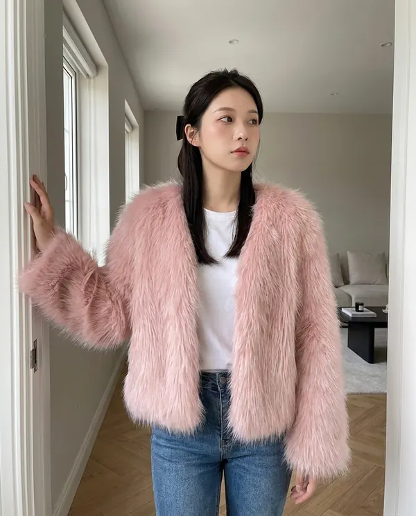 Satin Eve styling: Blush Faux Fur Open Jacket