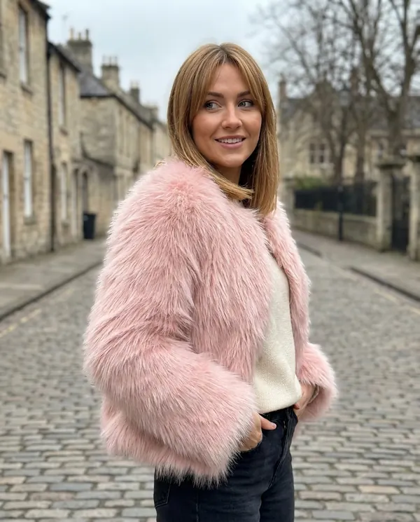 Satin Eve styling: Blush Faux Fur Open Jacket