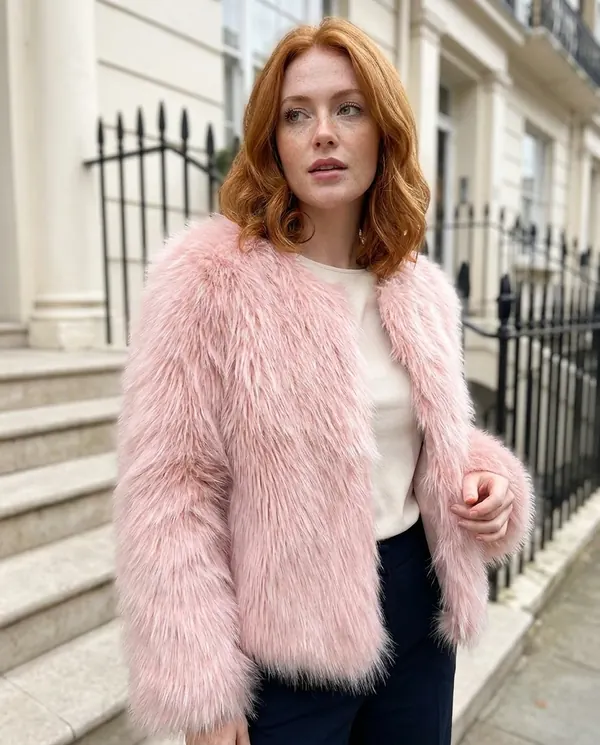 Satin Eve styling: Blush Faux Fur Open Jacket