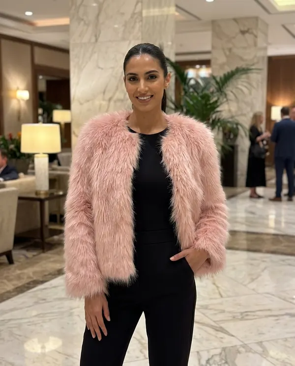 Satin Eve styling: Blush Faux Fur Open Jacket
