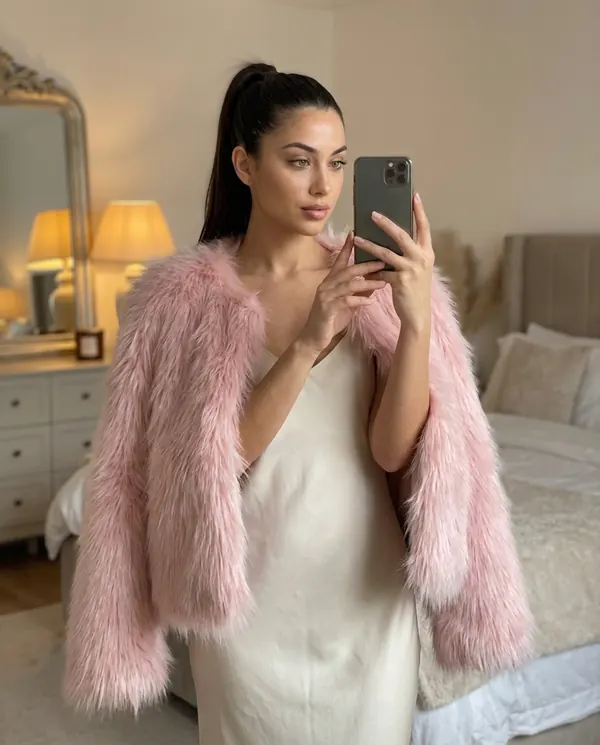 Satin Eve styling: Blush Faux Fur Open Jacket