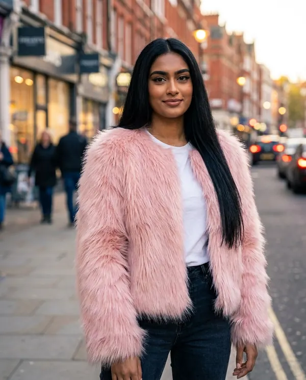 Satin Eve styling: Blush Faux Fur Open Jacket