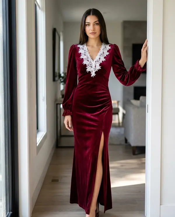 Satin Eve styling: Velvet Lace-Collar Slit Maxi Dress