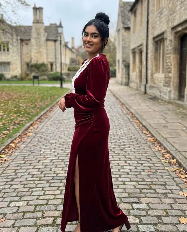 Satin Eve styling: Velvet Lace-Collar Slit Maxi Dress